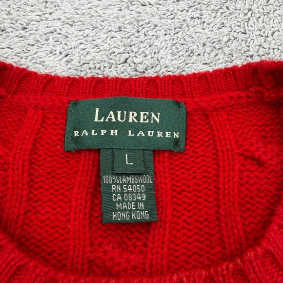 Lauren Ralph Lauren Sweater Womens Large Red Lambswool RL Crest Cable Knit VTG - Picture 4 of 14